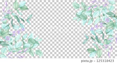 Hand-painted eucalyptus branches with hints of purple form a stylish watercolor clipart frame. Use this banner for social media posts, website decor, invitations, and eco-friendly merchandise 125318423