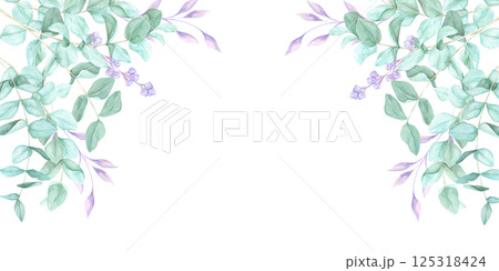 Elegant eucalyptus stems in watercolor form a botanical frame with green foliage. This clipart banner is for digital scrapbooking, branding elements, greeting cards, and elegant event invitations 125318424