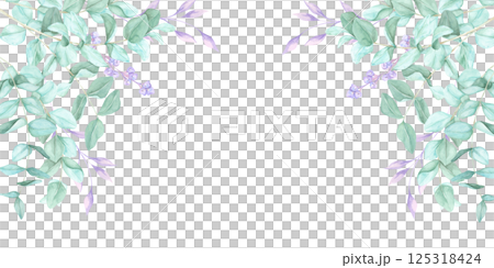 Elegant eucalyptus stems in watercolor form a botanical frame with green foliage. This clipart banner is for digital scrapbooking, branding elements, greeting cards, and elegant event invitations 125318424