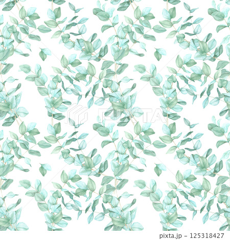Delicate watercolor eucalyptus sprigs with soft green tones in a flowing, dense organic pattern. Seamless botanical clipart Ideal for textile design, gift wrapping, and botanical-themed event decor 125318427