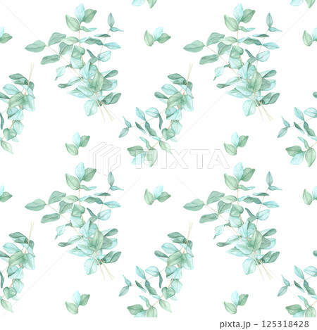 Elegant eucalyptus foliage in varying green shades arranged in a repeating pattern watercolor clipart. Ideal for interior decor elements, fabric patterns, and digital art projects Elegant eucalyptus foliage in varying green shades arranged in a repeating pattern watercolor clipart. Ideal for interior decor elements, fabric patterns, and digital art projects 125318428