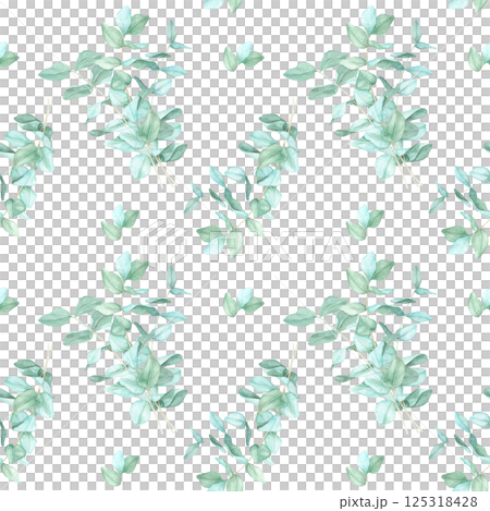 Elegant eucalyptus foliage in varying green shades arranged in a repeating pattern watercolor clipart. Ideal for interior decor elements, fabric patterns, and digital art projects 125318428