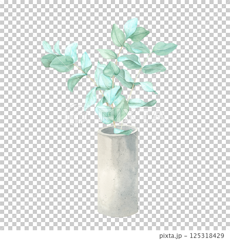 Green eucalyptus leaves in a bouquet, elegantly placed in a gray cement vase, painted in watercolor. This botanical illustration is ideal for greeting cards, wall art, stationery, and product branding 125318429