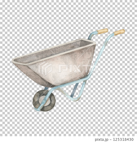Gray metal wheelbarrow with light blue handles and wooden grips, watercolor illustration. Push cart clipart. Great for gardening flyers, spring-themed designs, seed packet labels, or DIY projects 125318430