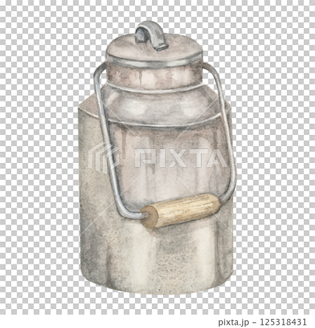 Metal milk can with wooden handle in gray and brown tones, watercolor clipart. Metal churn illustration. Ideal for packaging design, rustic-themed branding, farm signage, or kitchen textile patterns 125318431