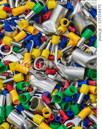 Brightly colored electrical connectors and terminals used for wiring and assembly in various applications 125318470