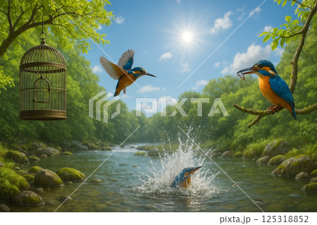 渓流にカワセミと鳥かご 渓流にカワセミと鳥かご 125318852