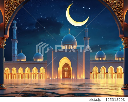 Mosque adorned with Arabic patterns under crescent moon in calm Ramadan evening glow 125318908