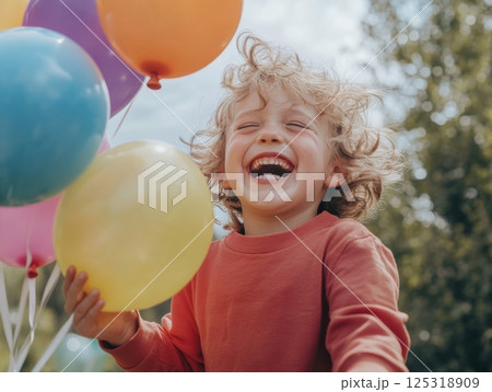 Smiling child releases colorful balloons into the sky, full of joy and lightness 125318909