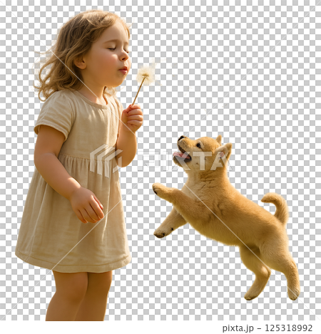 A girl and a puppy playing with fluffy fluff 125318992