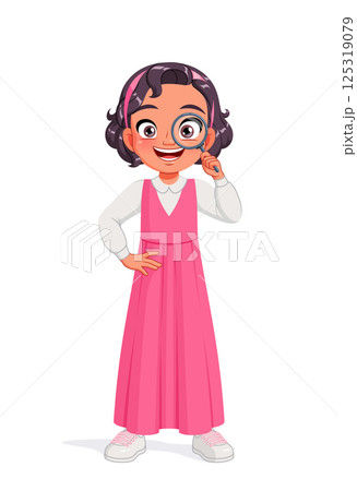 Arab school girl looking through a magnifying glass. Cartoon vector illustration. 125319079