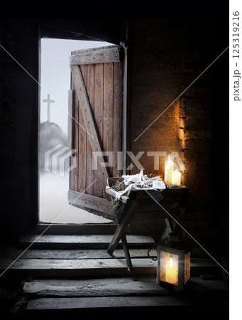 Manger with straw. Christmas background Manger with straw. Christmas background 125319216