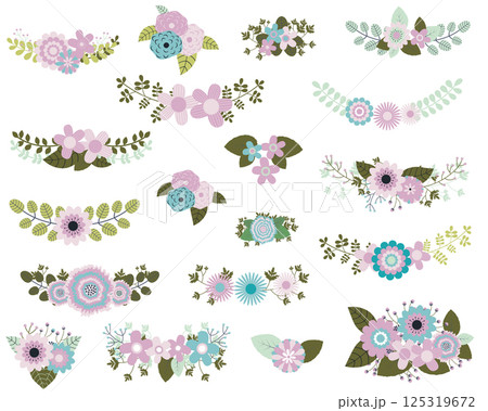 Floral design elements in mint and violet colors with flower bunches and laurels Floral design elements in mint and violet colors with flower bunches and laurels 125319672