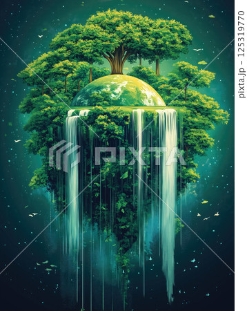 Floating island with lush trees and cascading waterfalls in a mystical environment 125319770