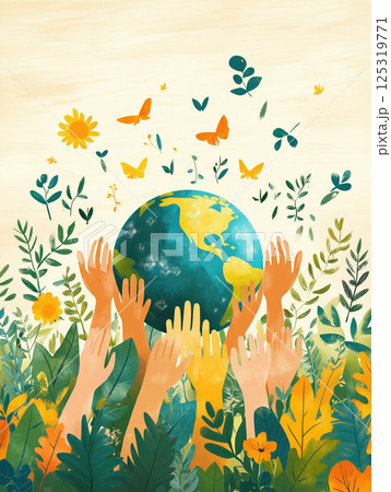 Hands reaching for a vibrant planet surrounded by nature 125319771