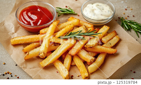 French fries potatoes with ketchup, mayonnaise and rosemary French fries potatoes with ketchup, mayonnaise and rosemary 125319784