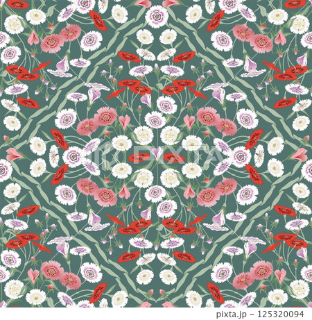 A Colorful Field of Blooming Dianthus Flowers. Vector illustration of a seamless pattern A Colorful Field of Blooming Dianthus Flowers. Vector illustration of a seamless pattern 125320094