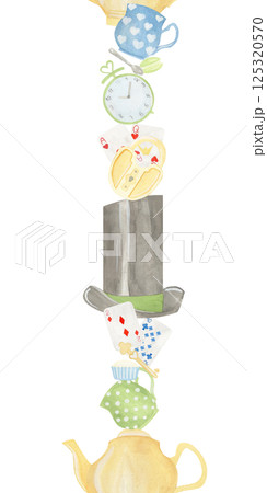 Seamless border vertical watercolor illustration hand painted Alice in Wonderland: Watch, what, cards, key, cup and teapot, cake, playing card. Use it for postcards, invitations and scrapbooking. 125320570