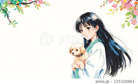 子犬を抱いてる少女 125320861