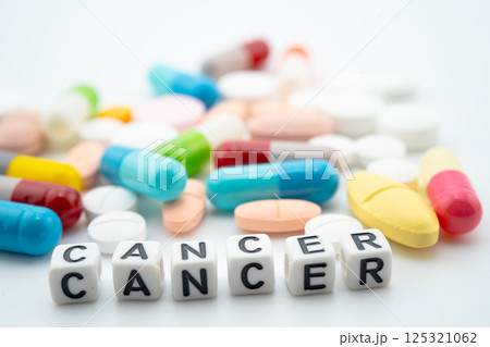 Cancer word with pills and capsules medical drug. 125321062