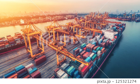 Logistics, container Cargo ship transportation with working crane bridge in deep sea port for import export. 125321274