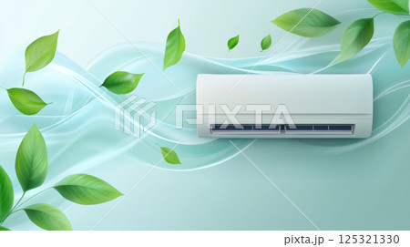 Air conditioner with fresh green leaf and cool flow wide waves. 125321330