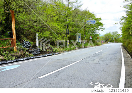 山梨県と神奈川県の県境に位置する三国峠　車道を横断する縦走路 125321439