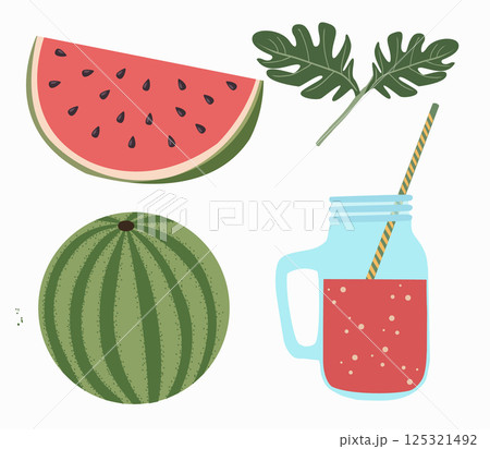 icons set of ripe fruit  halved slices, whole watermelons 125321492