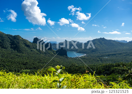 Stunning view of Hatiheu Bay and beach, Nuku Hiva, Marquesas Islands. French Polynesia 125321525