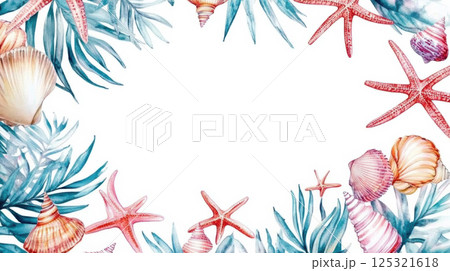 Summer sea with palm frame border watercolor clipart isolated on white background. Summer sea with palm frame border watercolor clipart isolated on white background. 125321618