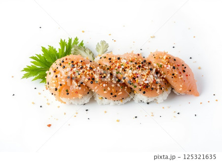 Sushi top view on white background. 125321635