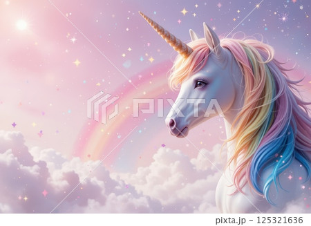 Rainbow unicorn background with sparkling stars against a soft. 125321636