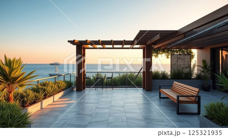 8K Beachfront Terrace with Wooden Bench and Greenery Overlooking Ocean | Realistic Summer Vacation Background. 125321935