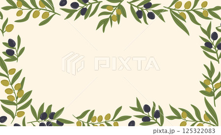Mediterranean olive branch frame. Hand drawn olive leaves and berries border or card 125322083