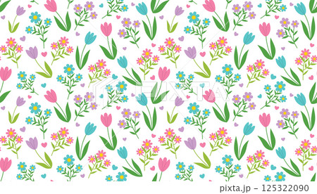 Colorful Spring seamless pattern with Tulips and other flowers. Spring wrapping paper with flowers and ditsy hearts 125322090