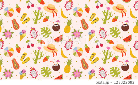Cute summer vacation seamless pattern with tropical fruits and cactus, ice cream and more. Cute summer vacation seamless pattern with tropical fruits and cactus, ice cream and more. 125322092