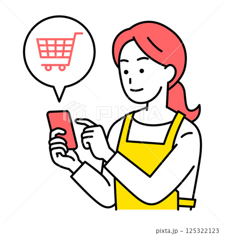 スマートフォンでネットショッピングをするエプロン姿の女性 125322123