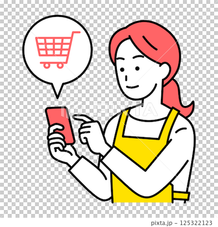 スマートフォンでネットショッピングをするエプロン姿の女性 125322123