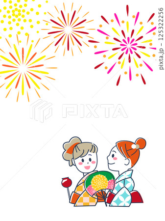 夏祭り・花火を見る浴衣の若い女性の壁紙素材 125322256