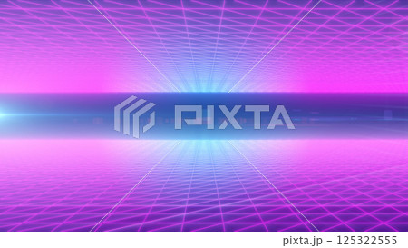 A futuristic digital landscape featuring vibrant neon pink and blue grid lines forming an abstract cyber space. Ideal for technology and virtual reality concepts A futuristic digital landscape featuring vibrant neon pink and blue grid lines forming an abstract cyber space. Ideal for technology and virtual reality concepts 125322555