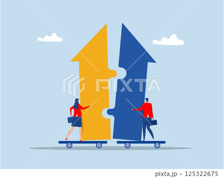 support or progress challenge concept, business people push arrow jigsaw to join to success.Merger and Acquisitions concept vector 125322675