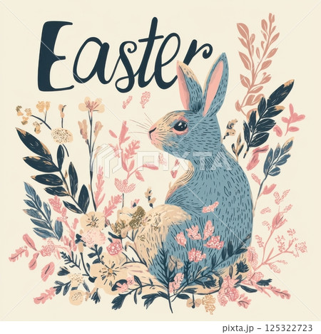 Easter greeting card design featuring a bunny, pastel tones, floral accents, and elegant typography, creating a festive and charming atmosphere 125322723