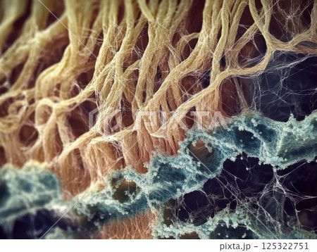 Microscopic view of human hair, revealing detailed structure, individual strands, and cuticle patterns under high magnification 125322751