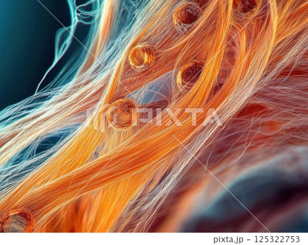 Microscopic view of human hair, revealing detailed structure, individual strands, and cuticle patterns under high magnification 125322753