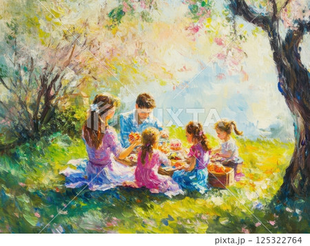 Family gathering for an outdoor Easter picnic, children playing joyfully, surrounded by vibrant spring colors 125322764