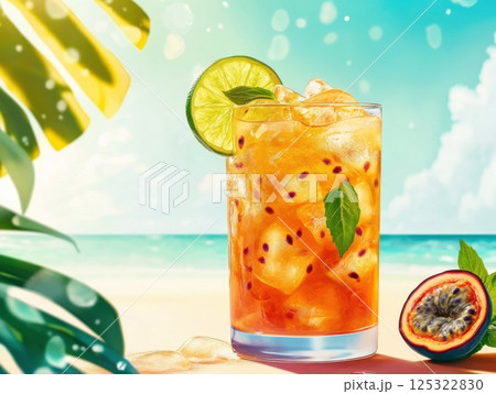 A glass of iced tea with passionfruit, garnished with lime and mint, placed on a beachside table surrounded by tropical leaves and warm sunlight A glass of iced tea with passionfruit, garnished with lime and mint, placed on a beachside table surrounded by tropical leaves and warm sunlight 125322830