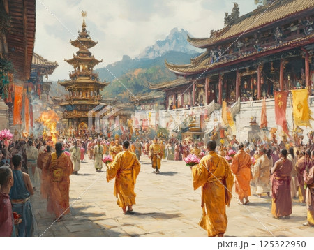 Procession of Buddhists carrying lotus flowers, Dharma flags, and candles near a beautifully decorated temple during a religious ceremony 125322950