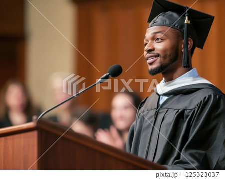 Graduate standing at a podium, delivering a heartfelt speech, with an applauding audience in the background, capturing a moment of pride and achievement 125323037