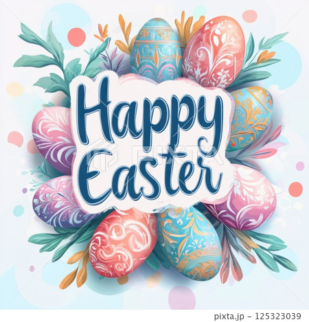 Happy Easter greeting in beautiful calligraphy, featuring pastel colors and decorated eggs, set against a soft, light background, evoking a gentle, festive mood 125323039
