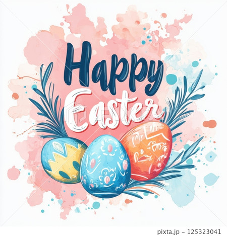 Happy Easter greeting in beautiful calligraphy, featuring pastel colors and decorated eggs, set against a soft, light background, evoking a gentle, festive mood Happy Easter greeting in beautiful calligraphy, featuring pastel colors and decorated eggs, set against a soft, light background, evoking a gentle, festive mood 125323041